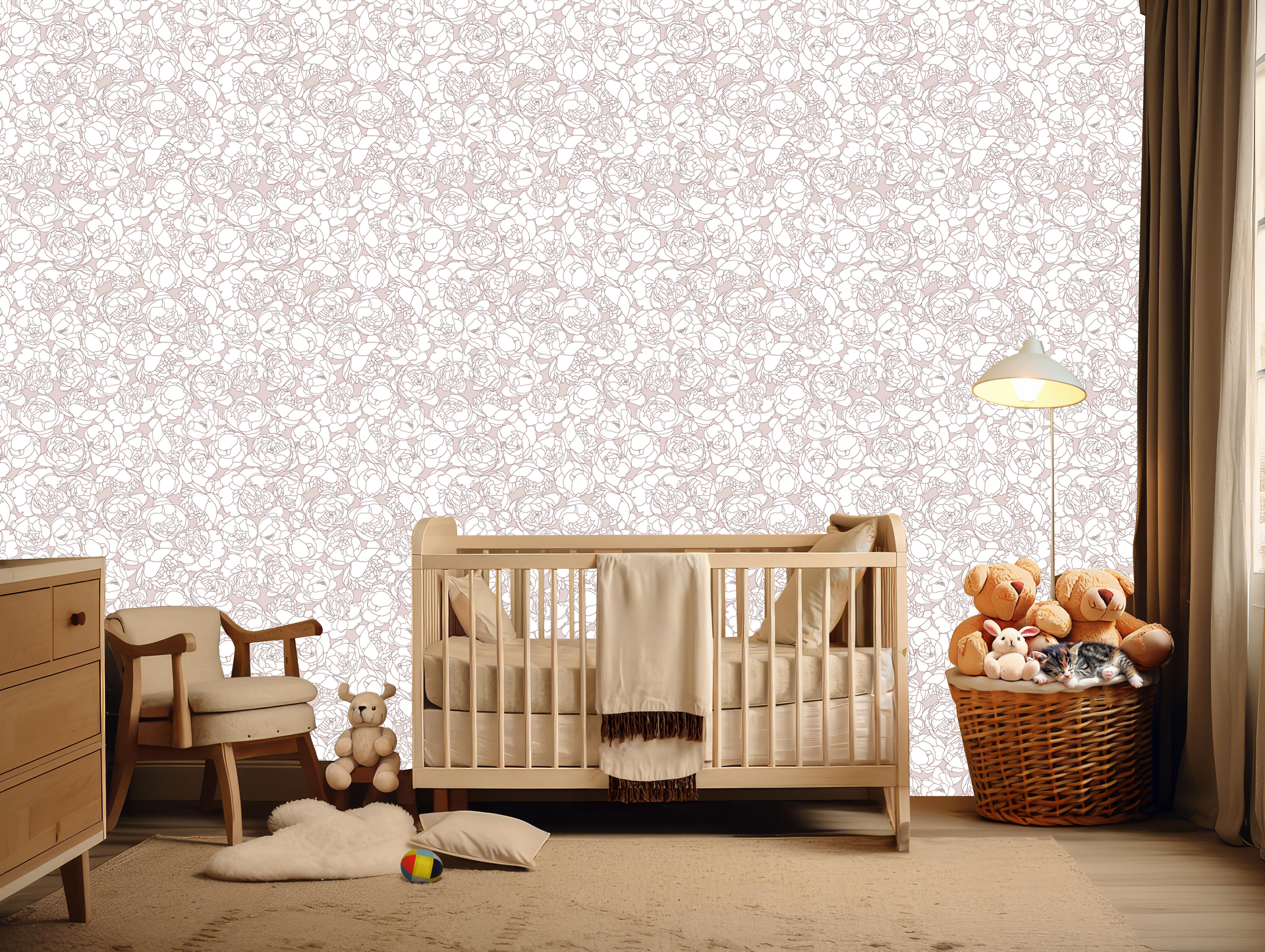 Suri Minimalist Floral Wallpaper in Blush-Pink and Grey