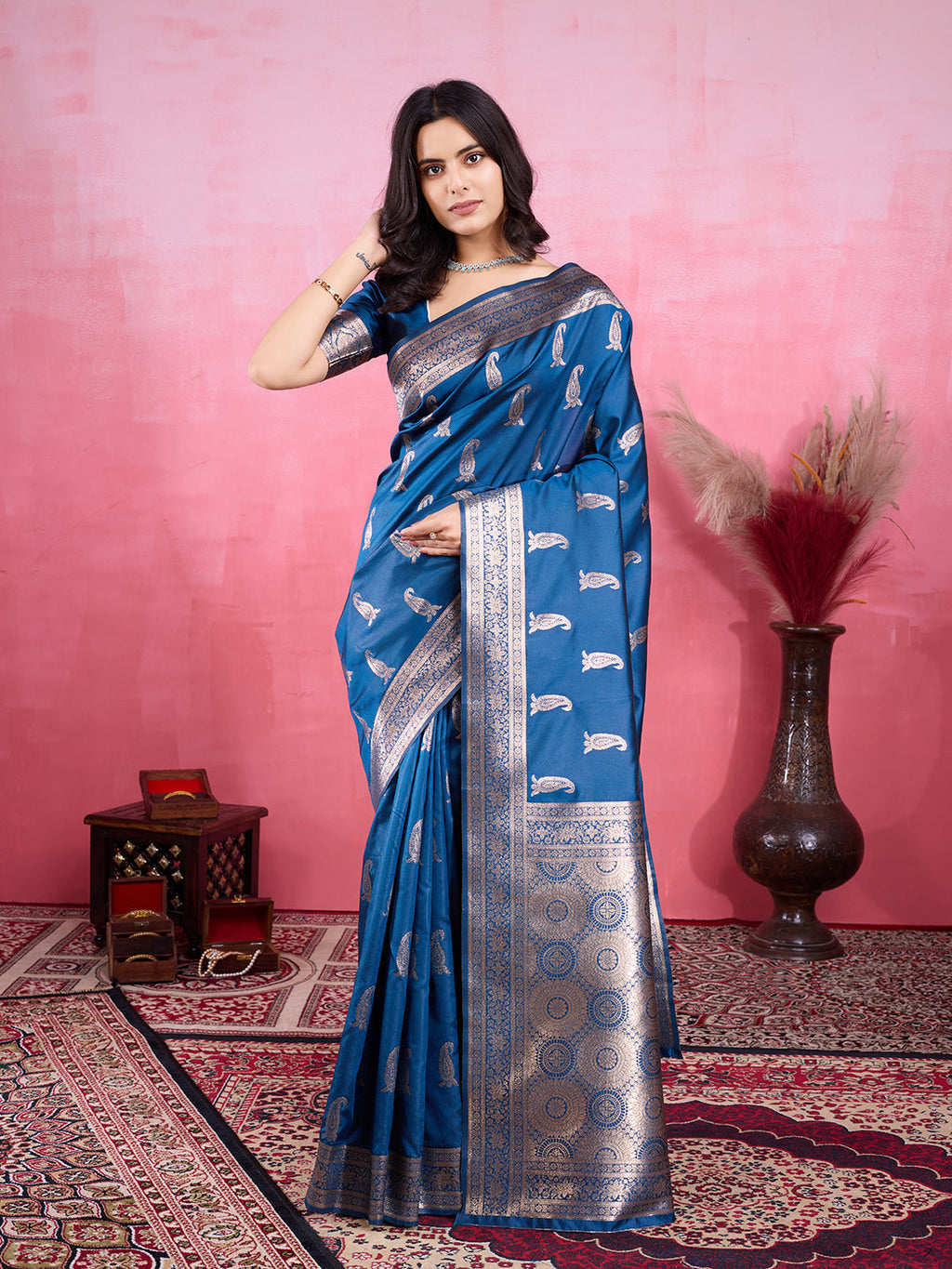 Morpinch blue Banarasi silk saree with gold jacquard woven zari border and floral motifs