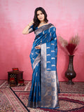 Morpinch blue Banarasi silk saree with gold jacquard woven zari border and floral motifs
