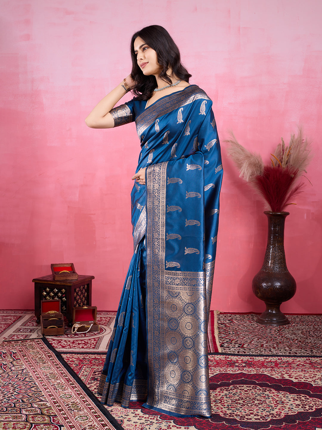 Morpinch Banarasi Silk Saree with Gold Jacquard Woven Zari Border