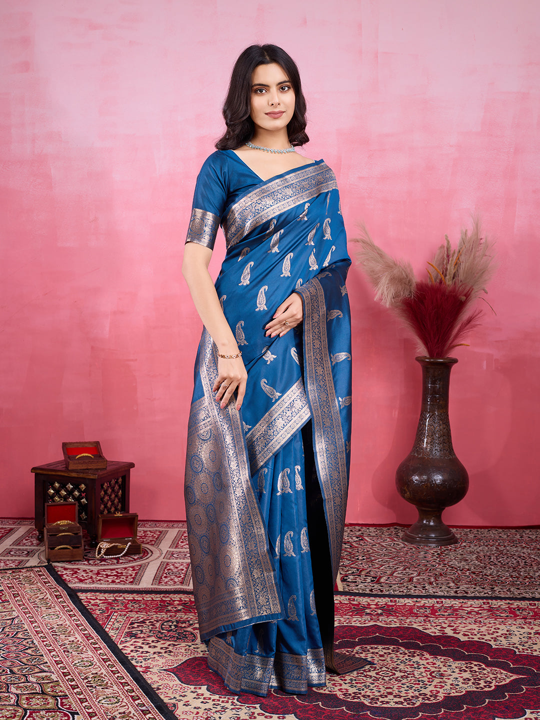 Morpinch Banarasi Silk Saree with Gold Jacquard Woven Zari Border