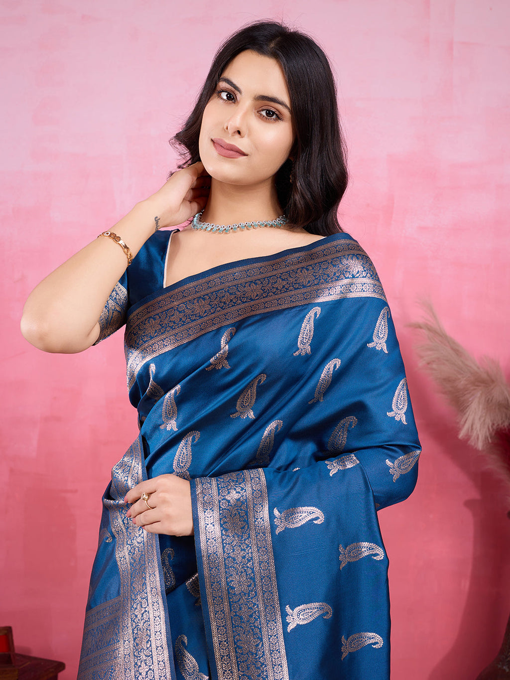 Morpinch Banarasi Silk Saree with Gold Jacquard Woven Zari Border