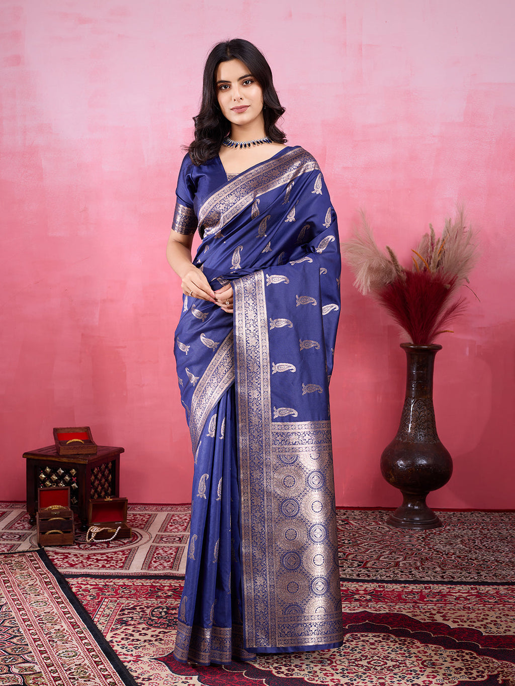 Navy blue Banarasi Silk Saree with elegant Jacquard zari-style pattern
