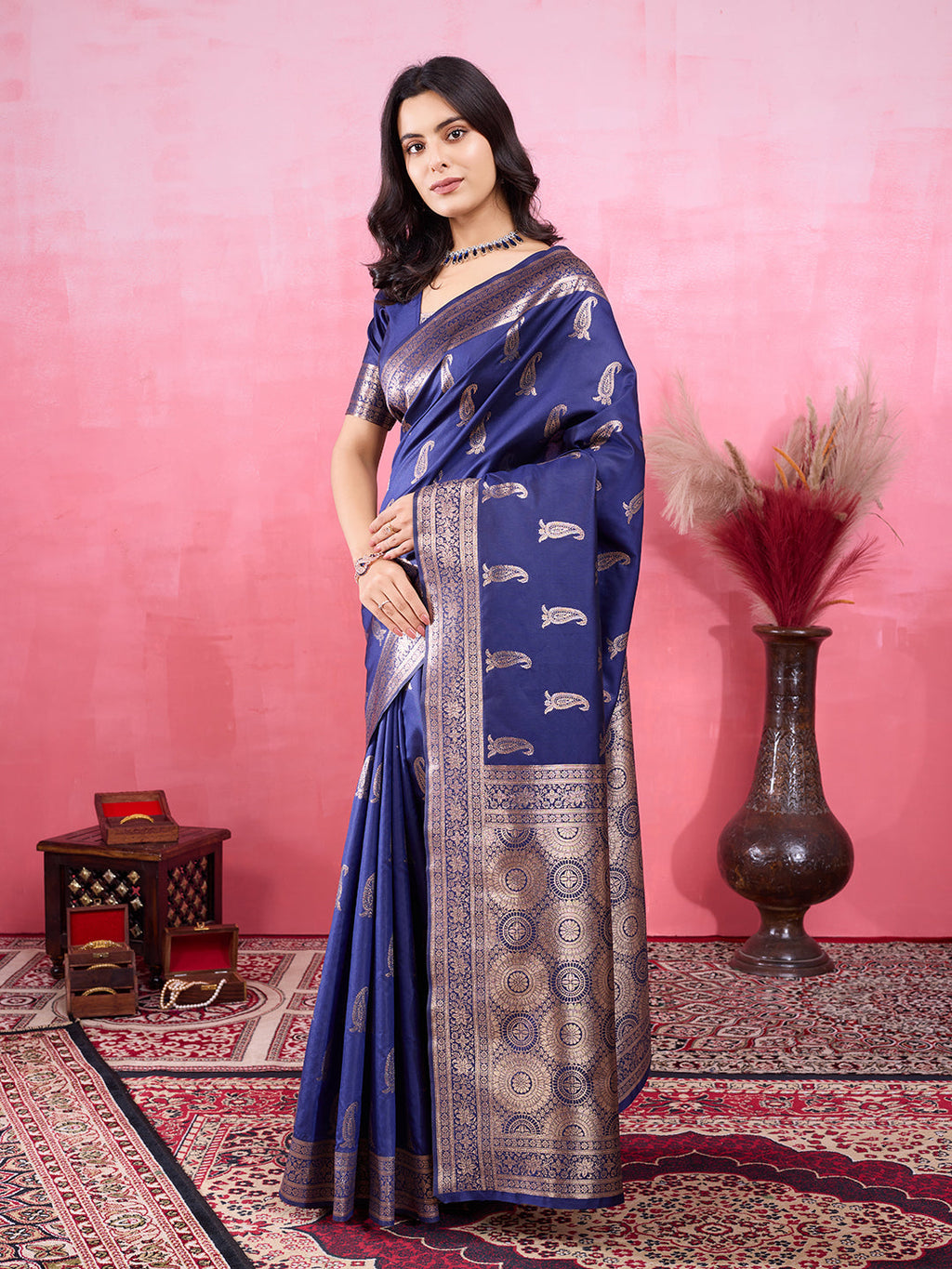 Navy Banarasi Silk Saree with Sophisticated Jacquard Zari Work
