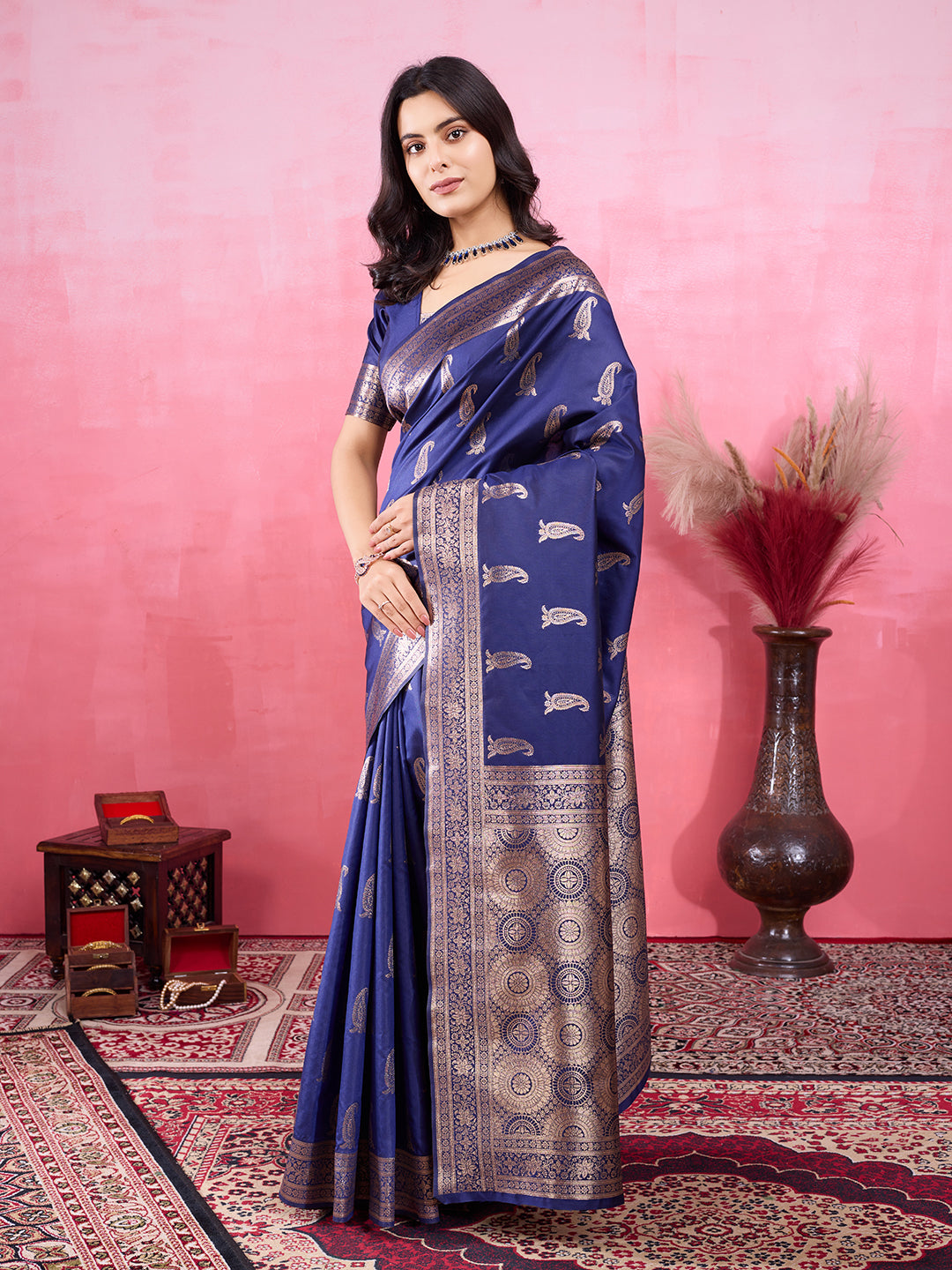 Navy Banarasi Silk Saree with Sophisticated Jacquard Zari Work