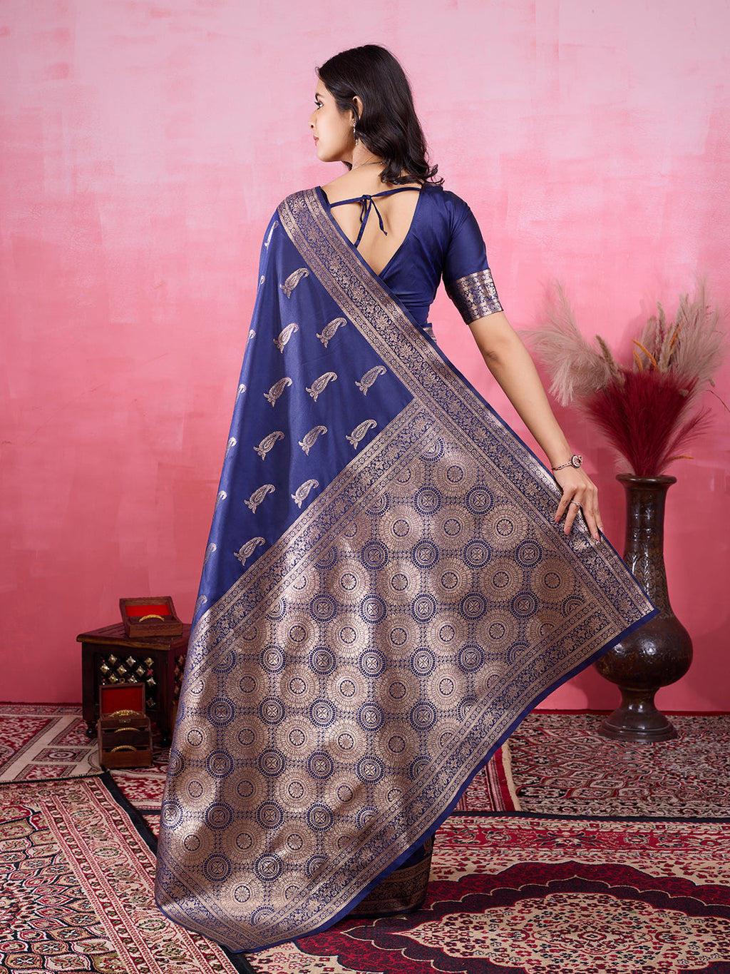 Navy Banarasi Silk Saree with Sophisticated Jacquard Zari Work