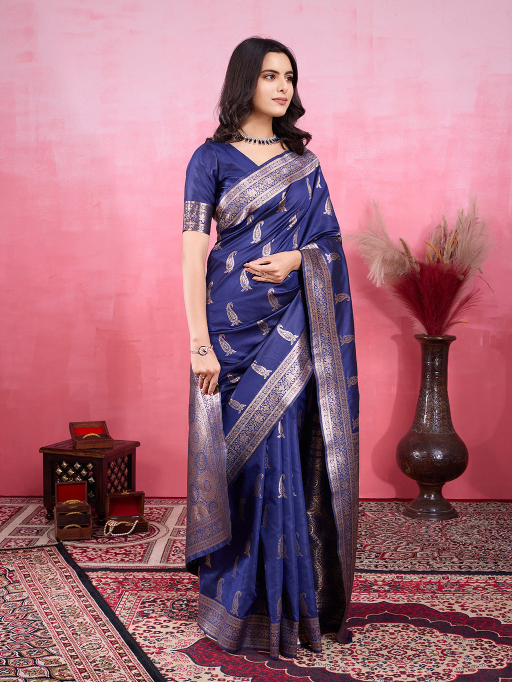 Navy Banarasi Silk Saree with Sophisticated Jacquard Zari Work