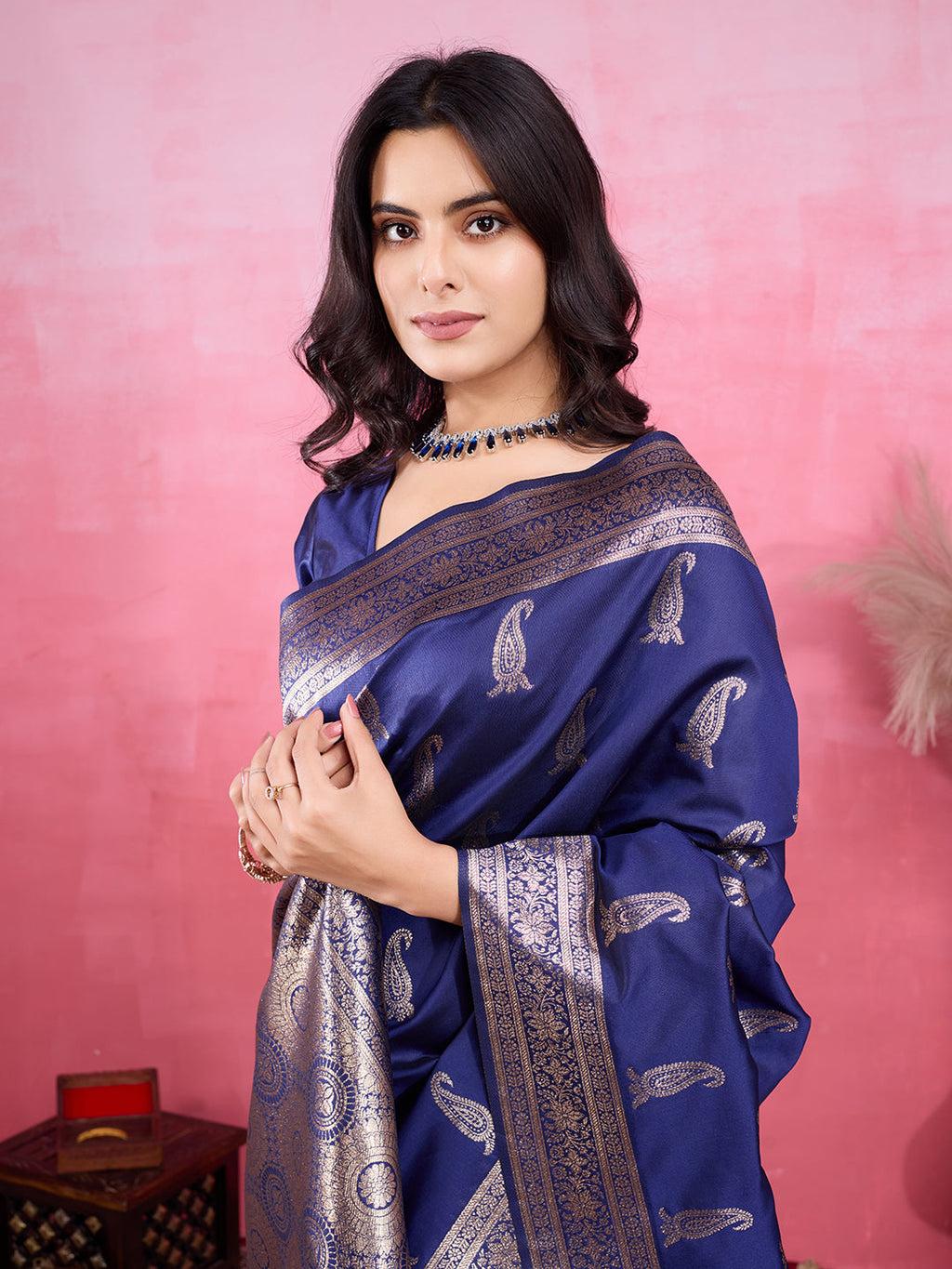 Navy Banarasi Silk Saree with Sophisticated Jacquard Zari Work