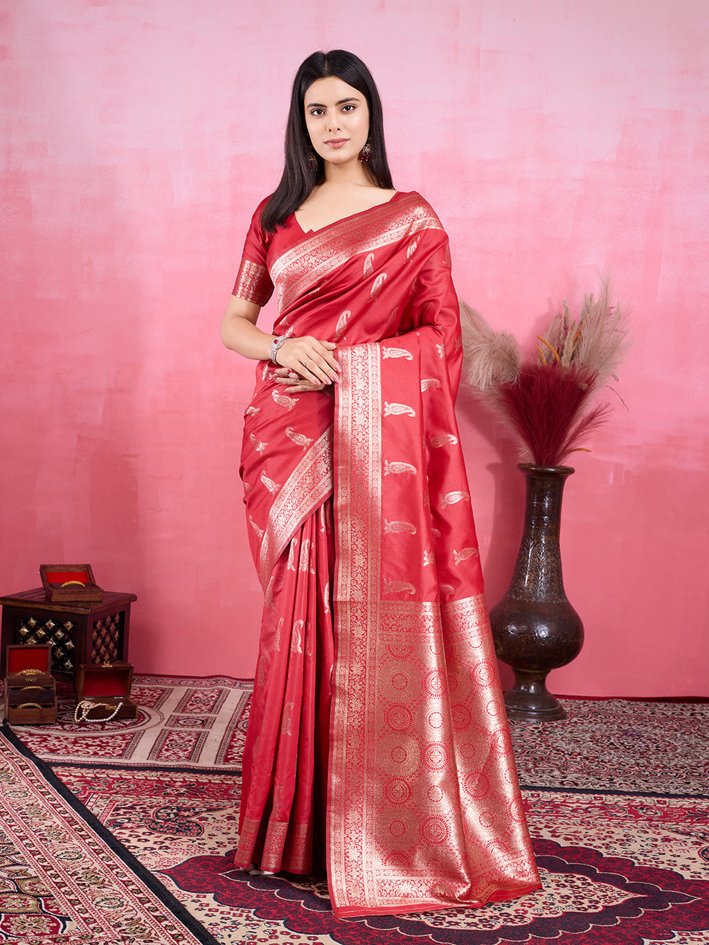 Vibrant red Litchi silk Banarasi saree with gold-look jacquard patterns