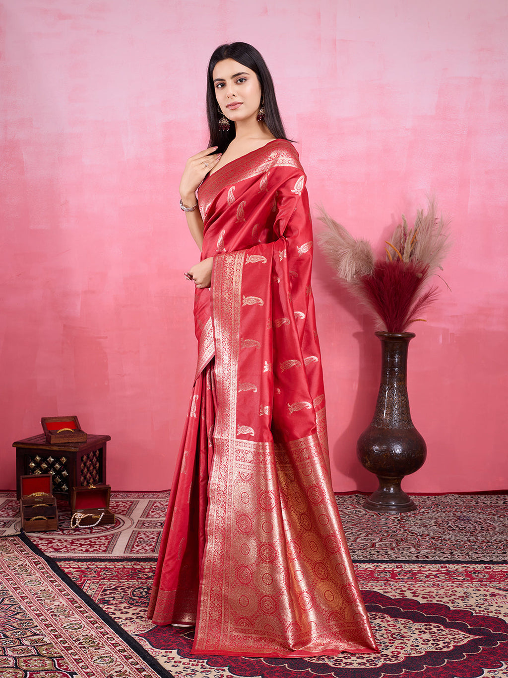 Red Litchi Silk Banarasi Saree with Jacquard Work