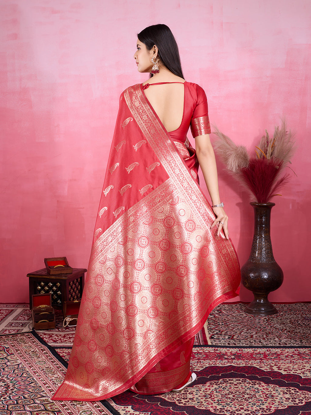 Red Litchi Silk Banarasi Saree with Jacquard Work