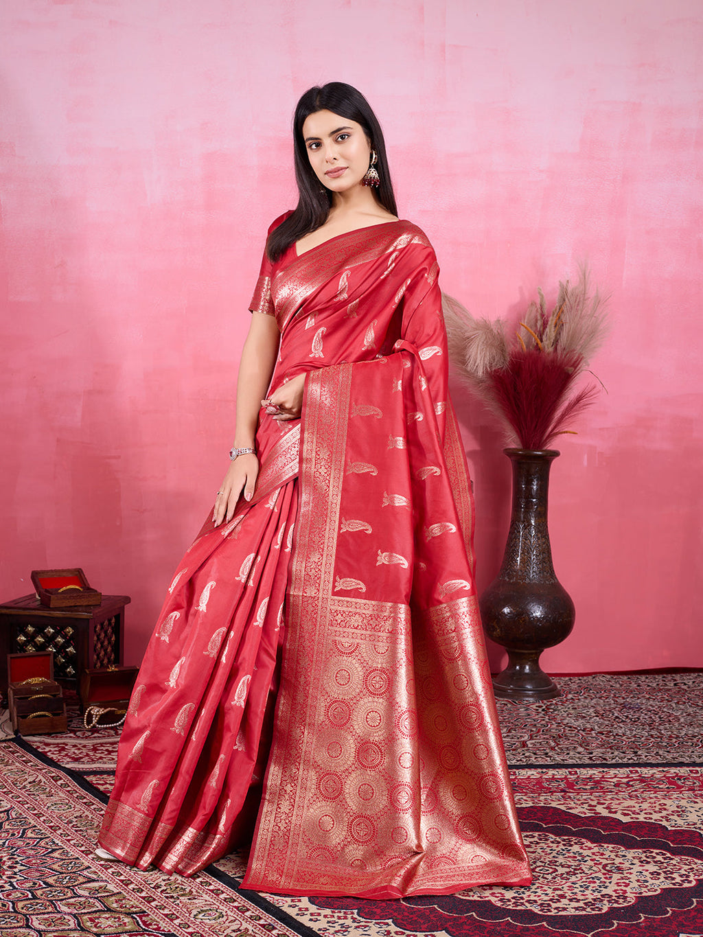 Red Litchi Silk Banarasi Saree with Jacquard Work
