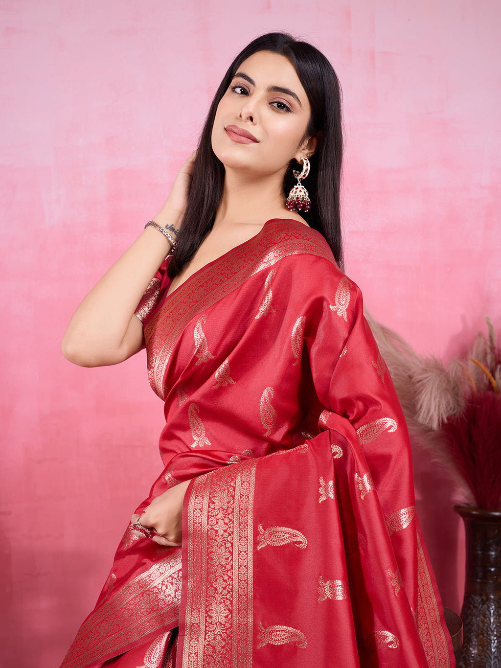 Red Litchi Silk Banarasi Saree with Jacquard Work