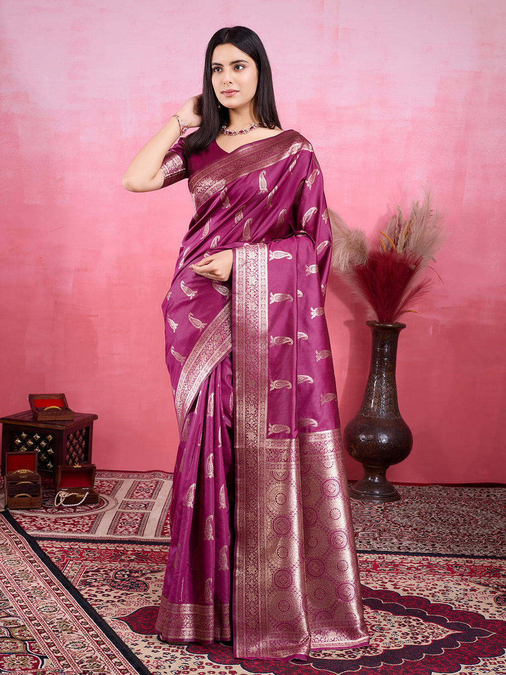 Wine Litchi Banarasi Silk Saree with Jacquard Zari Work