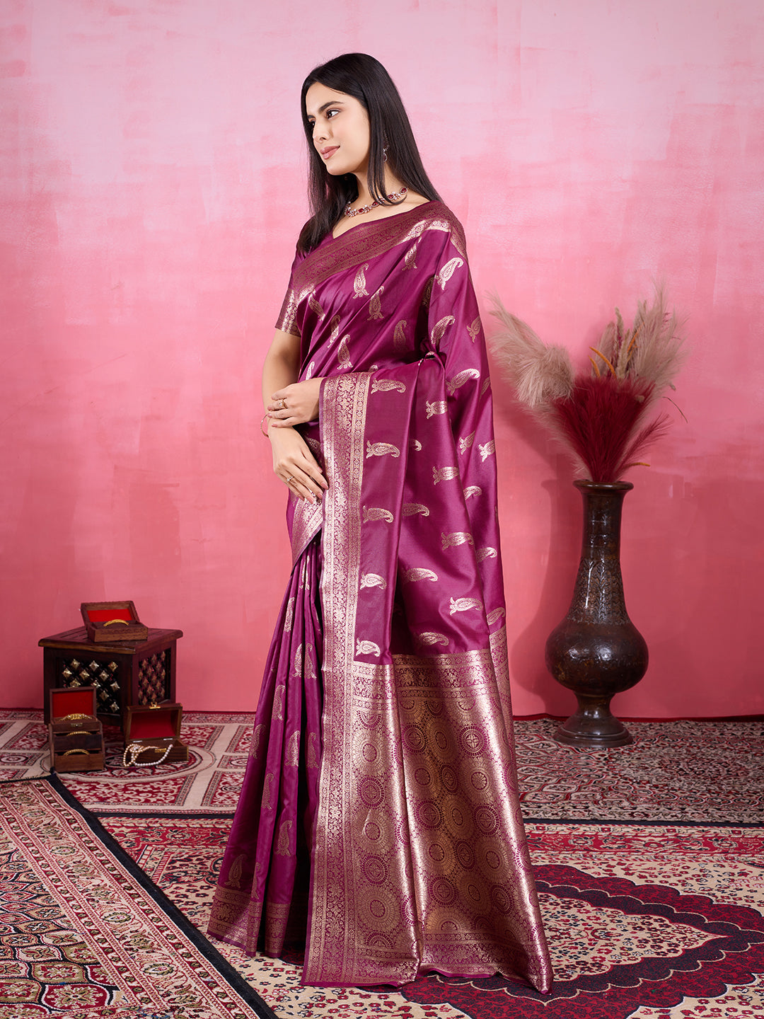 Wine colored Litchi Banarasi Silk saree with detailed Jacquard Zari work