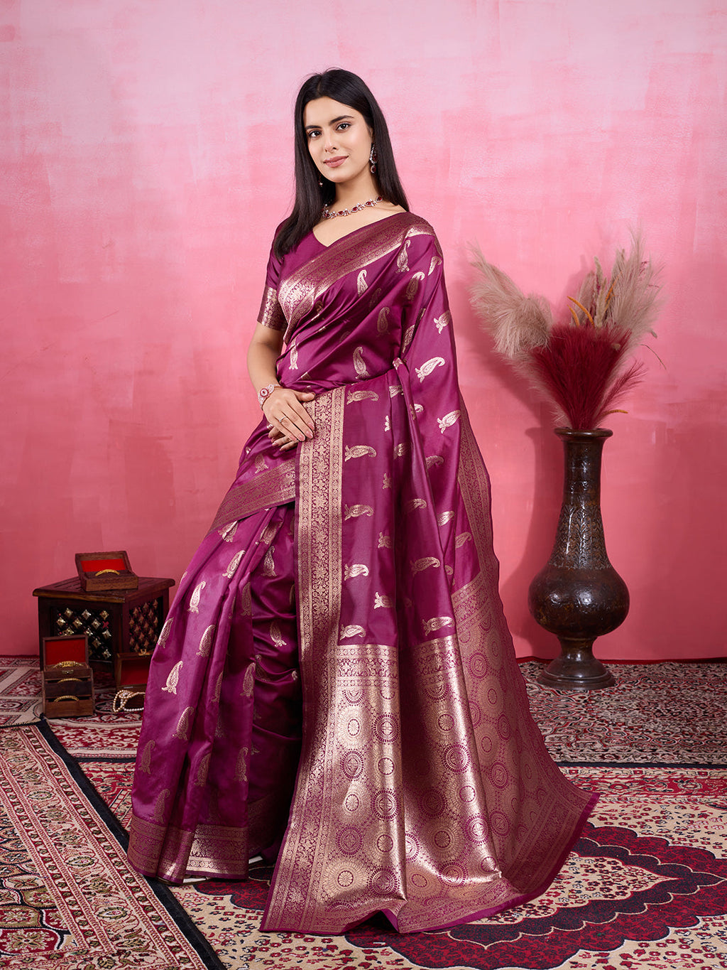 Wine Litchi Banarasi Silk Saree with Jacquard Zari Work