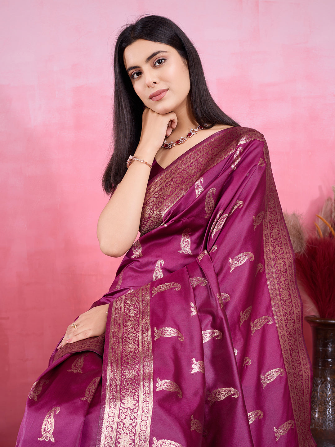 Wine Litchi Banarasi Silk Saree with Jacquard Zari Work