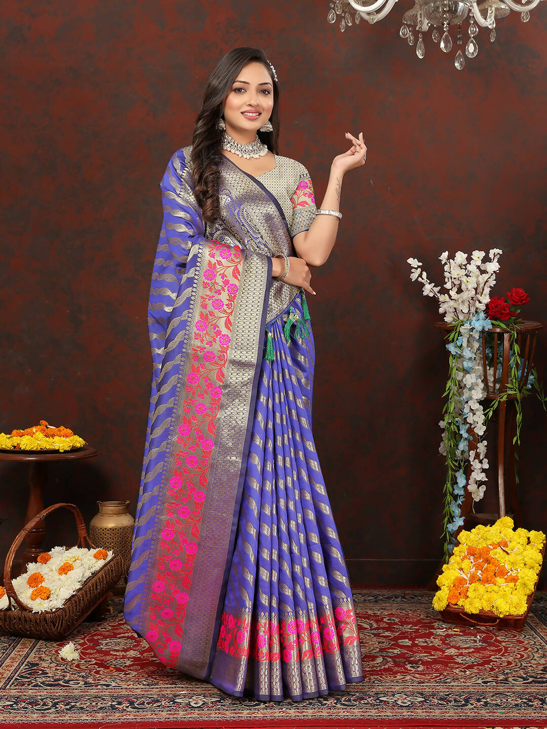 Purple Soft Silk Leheriya Saree with Zari Weaving and Pallu