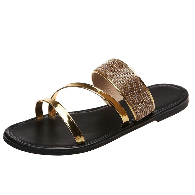 Women's Black Rhinestone Slip-On Casual Sandals Flat Footwear - Image 21