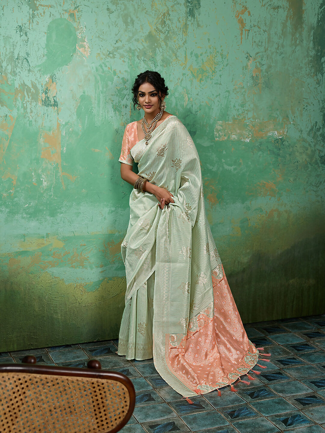 Rama Green Linen Cotton Saree with Matching Blouse