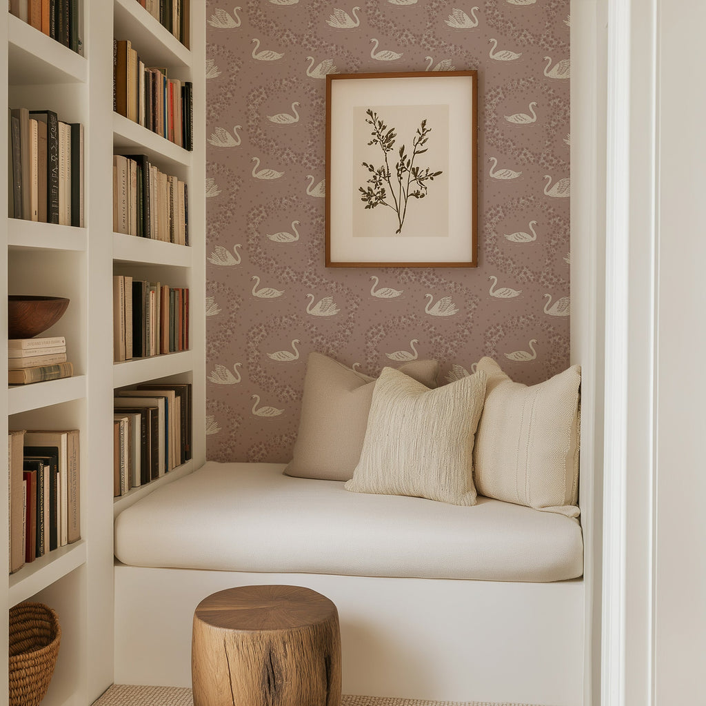 Sav bohemian wallpaper with mauve, sage-green, blue-grey, and cream hues for a cottagecore look.