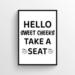 Playful bathroom wall art poster with Hello Sweet Cheeks text and peach illustrations