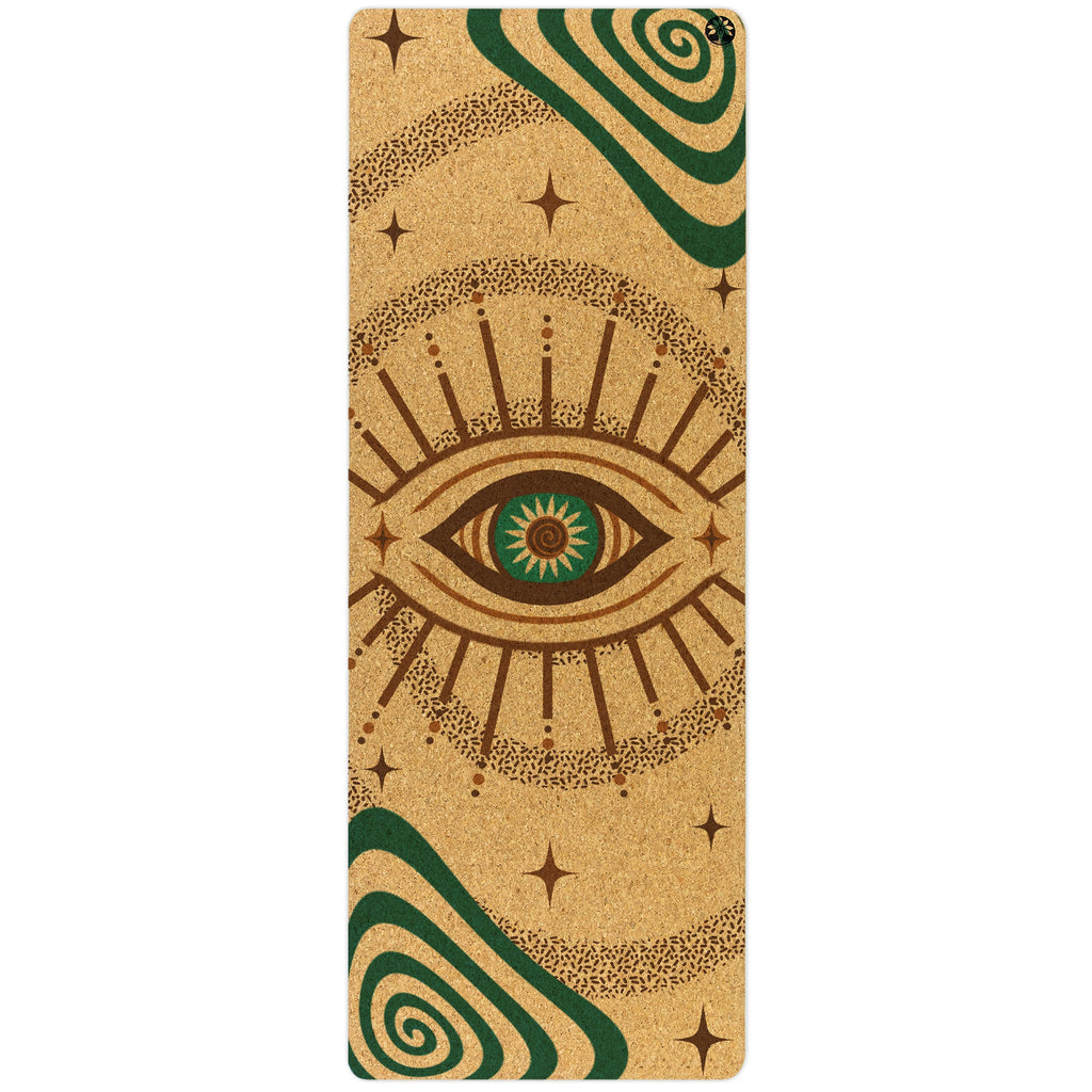 Swirly Flow Nomad Cork Yoga Mat in natural tan cork with abstract forest green accents.