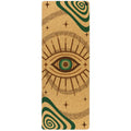 Swirly Flow Nomad Cork Yoga Mat in natural tan cork with abstract forest green accents.
