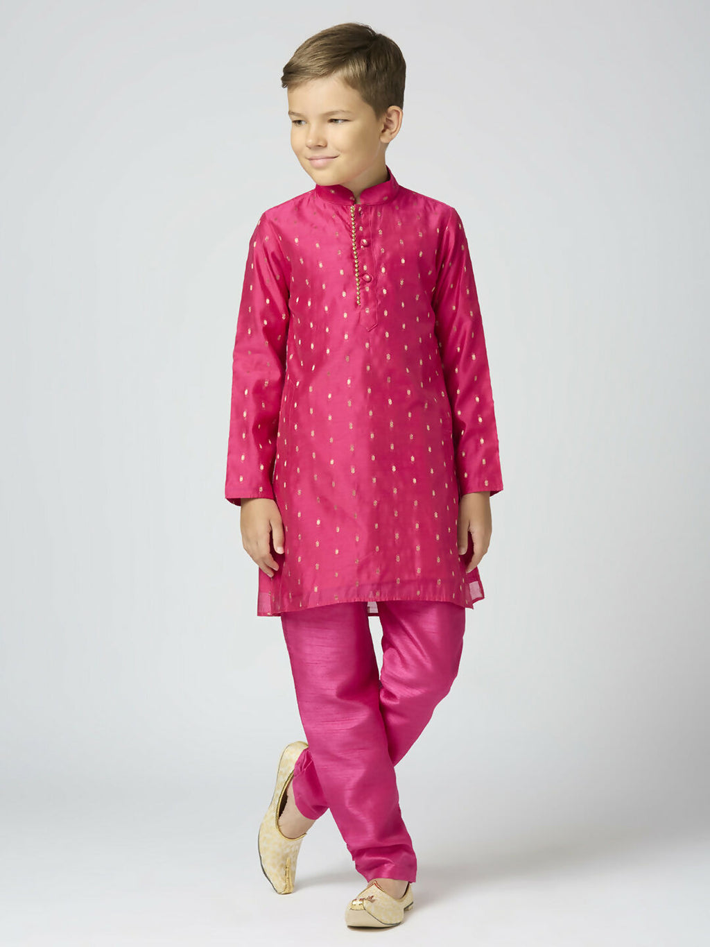 Kids Rani Pink Chanderi Kurta and Pyjama Set with Butta Work