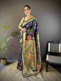 Navy blue soft silk Paithani saree with zari woven floral motifs