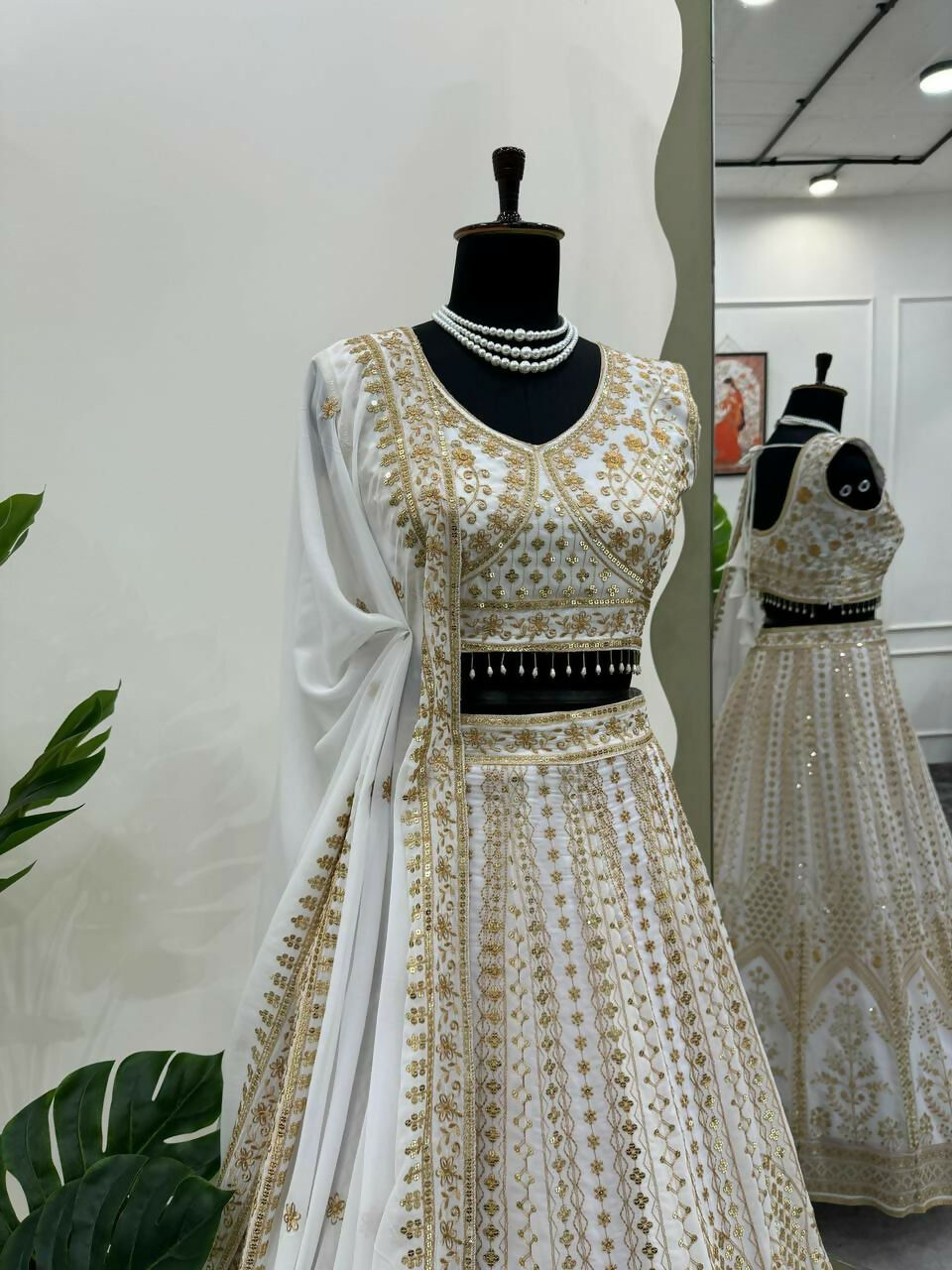 White Faux Georgette Embroidered Lehenga Choli with Sequins