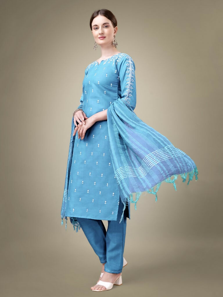 Sky Blue Cotton Blend Straight Kurta Set with Embroidery & Sequence