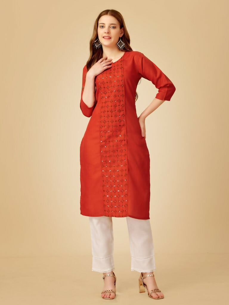 Jyoti Fashion Women's Rust Cotton Blend Embroidered Kurta Pant Set