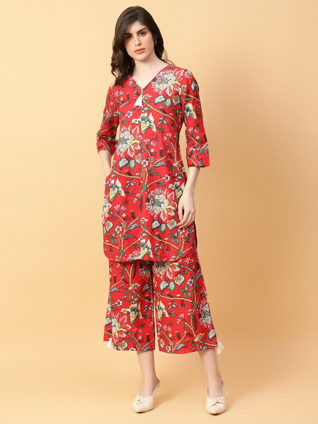Joban Fashion Red Cotton Printed & Hand Work Co-ord Set