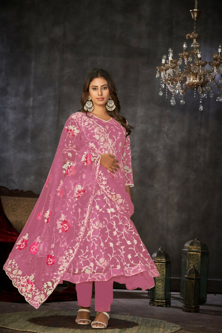 Women's Pink Net Embroidered Anarkali Kurta Pant Set with Dupatta