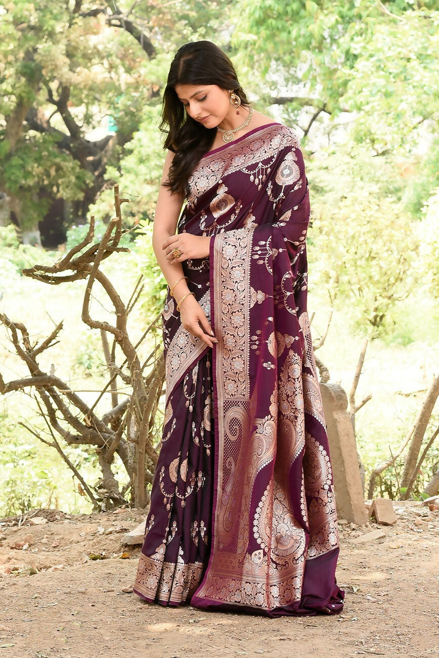 Wine Banarasi Soft Pure Handloom Banarasi Silk Saree