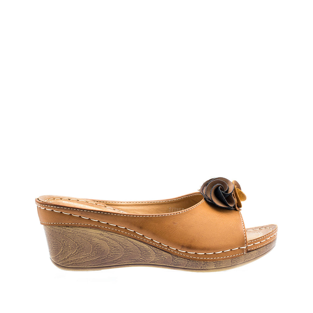 Women's Sydney Tan Wedge Sandals with Floral Detail