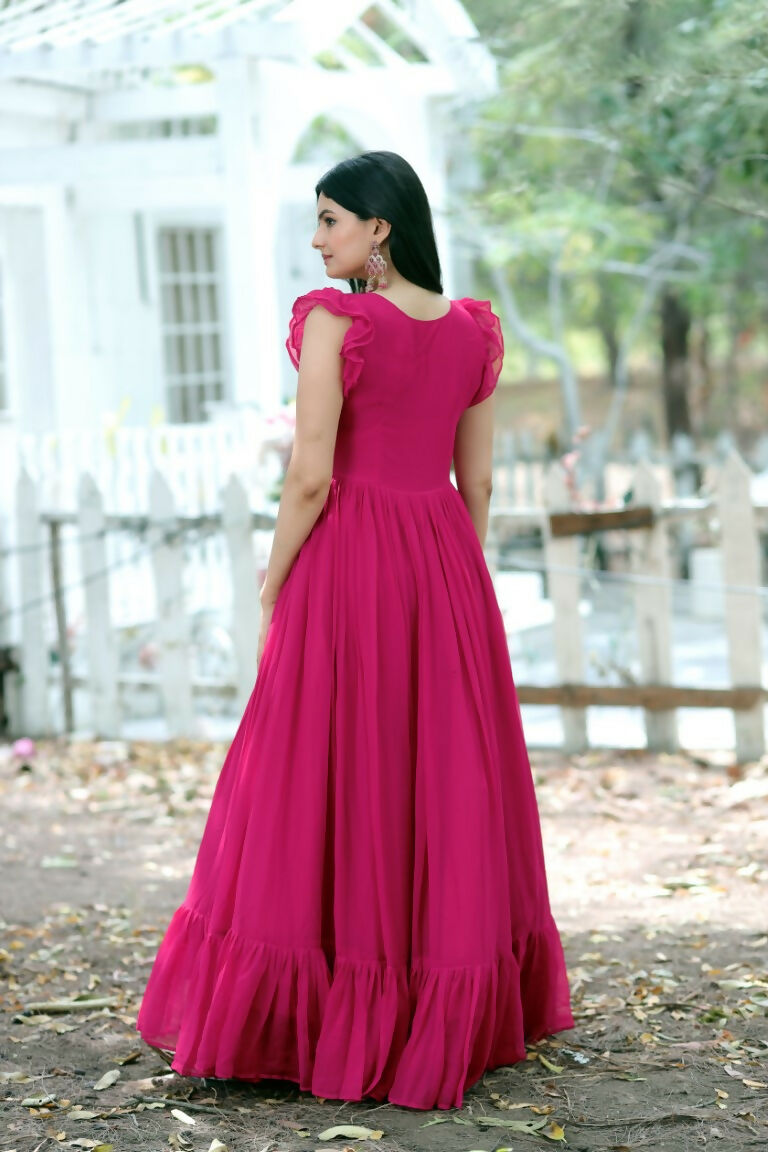 Women's Rani Pink Sequins Embroidered Faux Blooming Anarkali