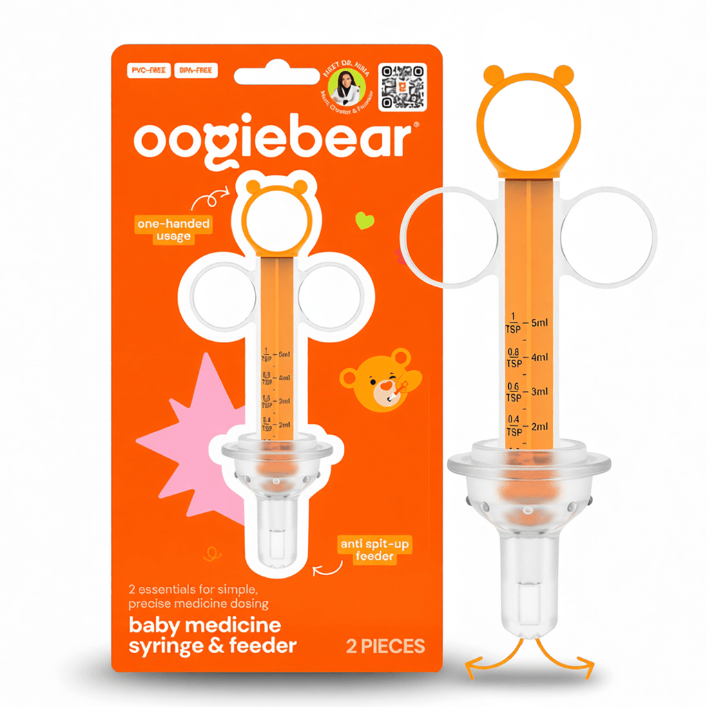Orange and clear oogiebear baby medicine syringe and anti spit-up feeder set