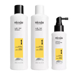 Nioxin System 1 Kit including shampoo, conditioner, and scalp treatment bottles.