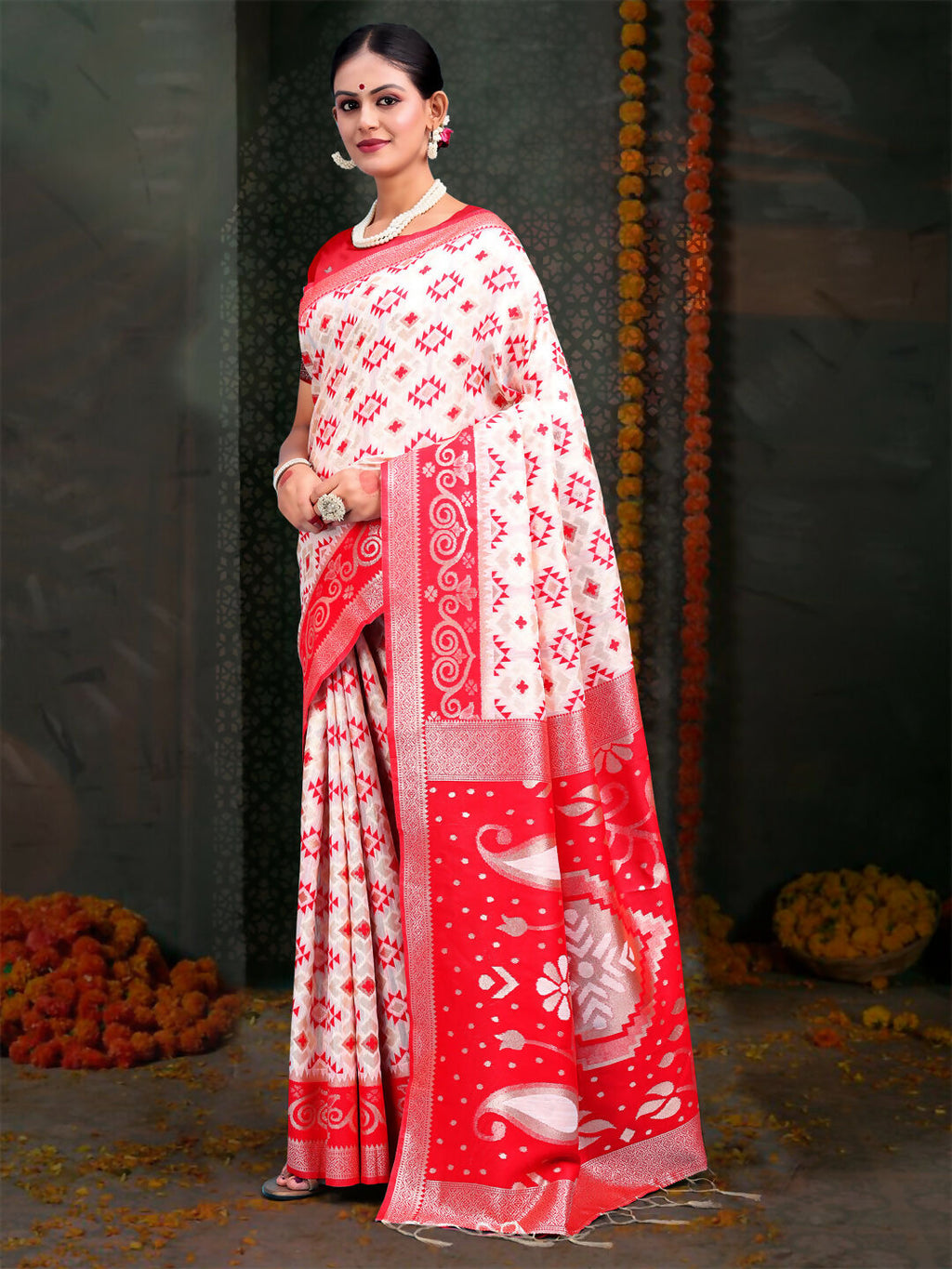 Devistuti Red & White Linen Cotton Saree with Matching Blouse