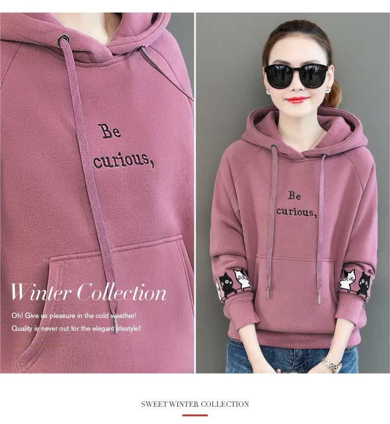 Women's Fleece-Lined Graphic Hoodie with Cat Print Details - Image 15