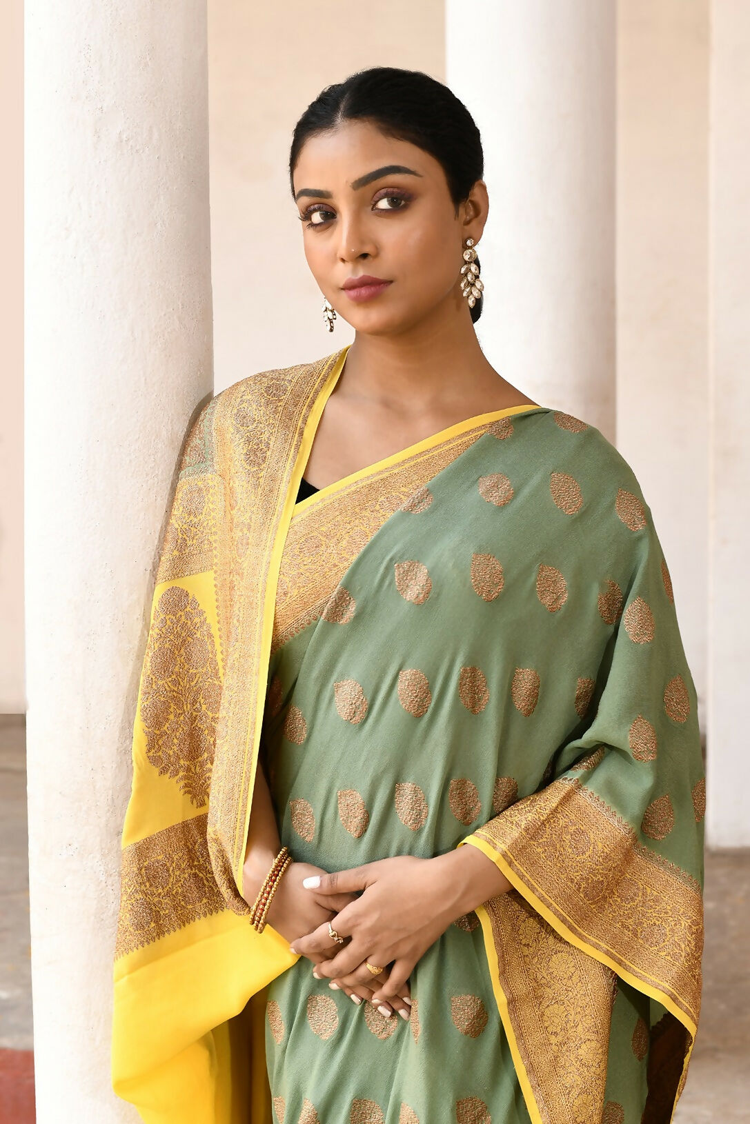 Grass Green Crepe Chiffon Handloom Banarasi Silk Saree