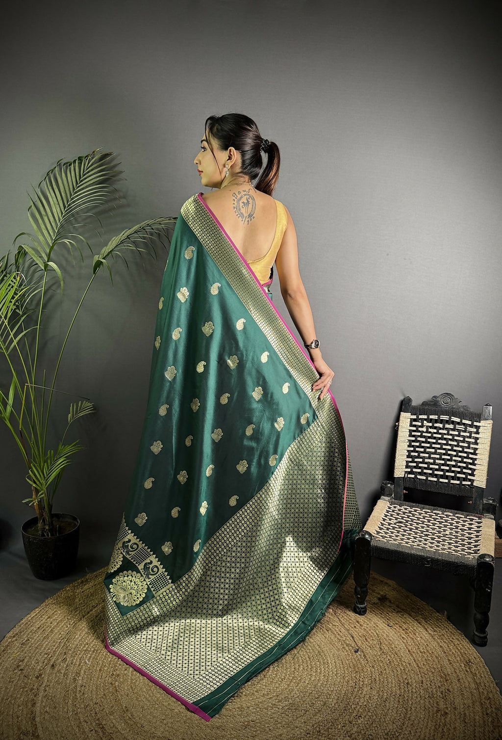 Dark Green Banarasi Soft Lichi Silk Paisley Saree