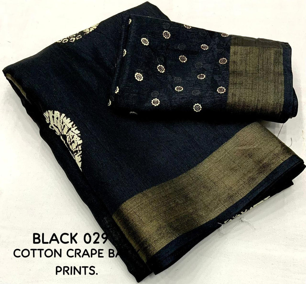 Black Cotton Crepe Saree with Traditional Batik Print and Zari Border
