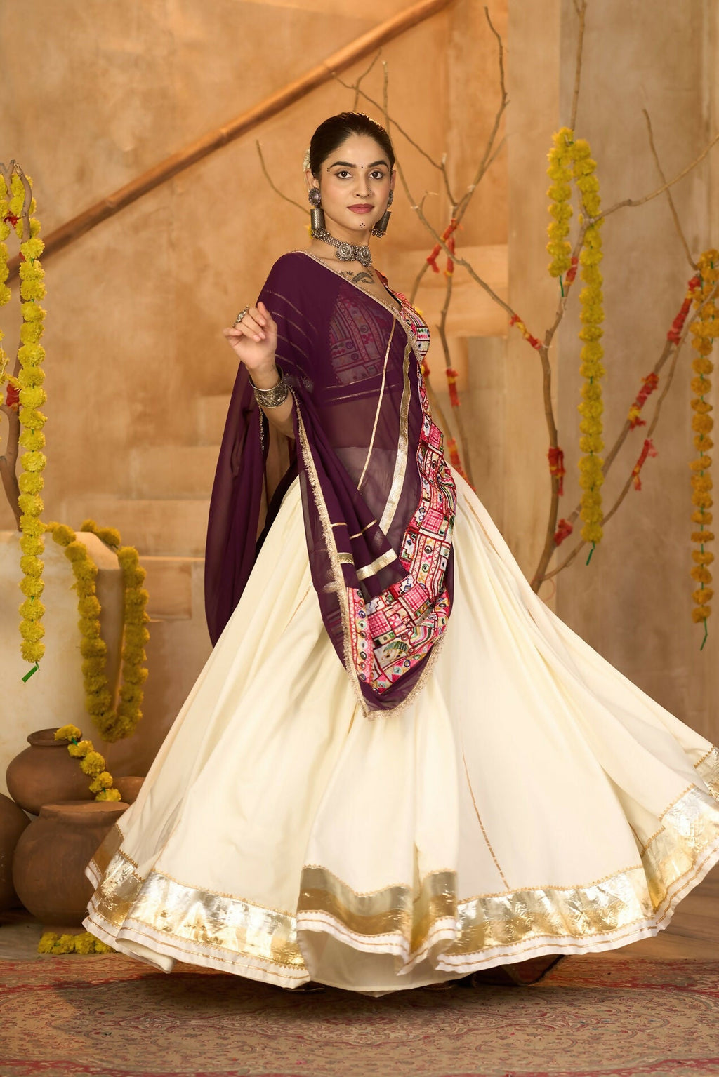 Off White Crepe Designer Lehenga Choli Set for Navratri