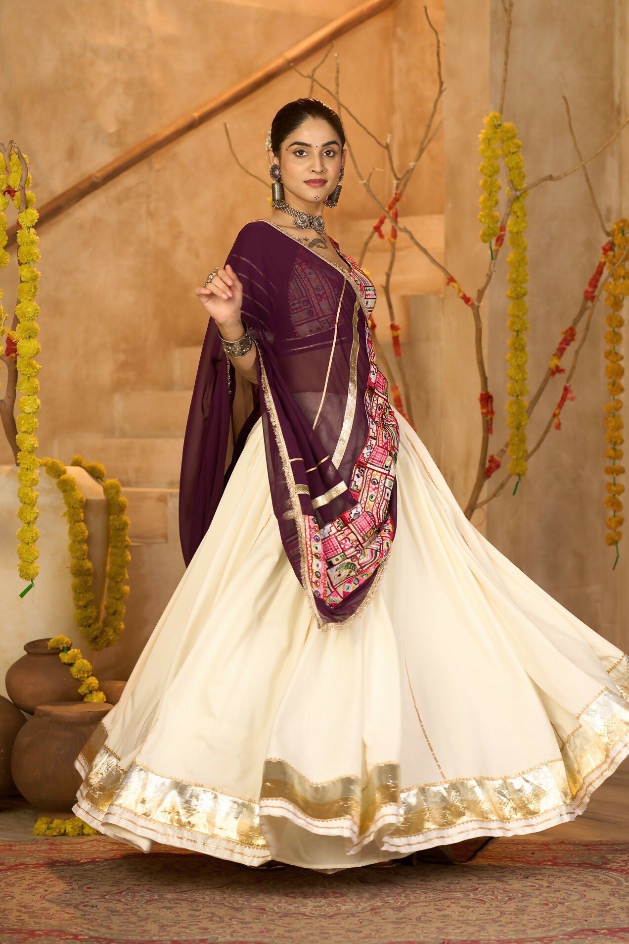 Off White Crepe Designer Lehenga Choli Set for Navratri