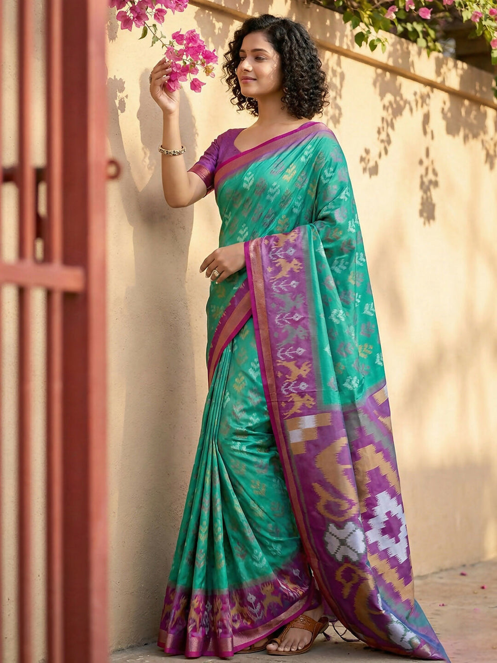 Rama Green Pochampally Silk Saree with Matching Blouse Piece