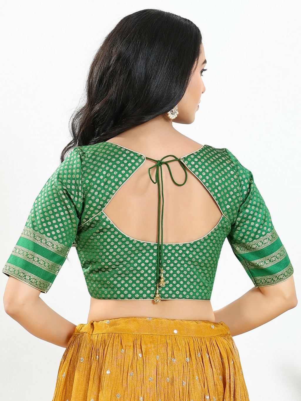 Green Brocade Padded Blouse with Elbow Sleeves and Round Neck