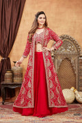 Red georgette lehenga choli with matching jacket overlay